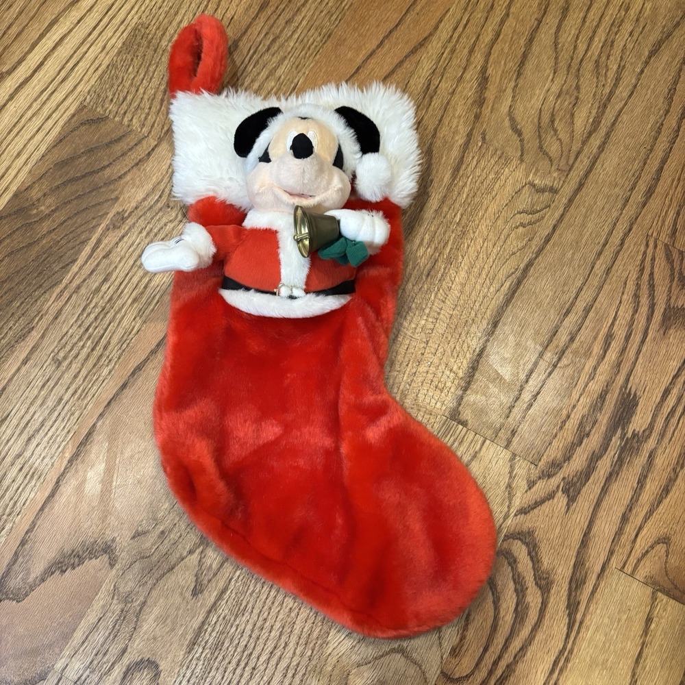 Disney Mickey Mouse Santa W/ bell Christmas Stocking Plush Red White Vintage